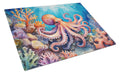 Octopus Among Coral Cutting Board Tempered Glass Kitchen Cutting Surface, Heat Resistant Chopping, Non-Slip Feet, Food Prep & Serving