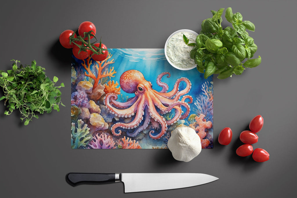 Octopus Among Coral Cutting Board Tempered Glass Kitchen Cutting Surface, Heat Resistant Chopping, Non-Slip Feet, Food Prep & Serving