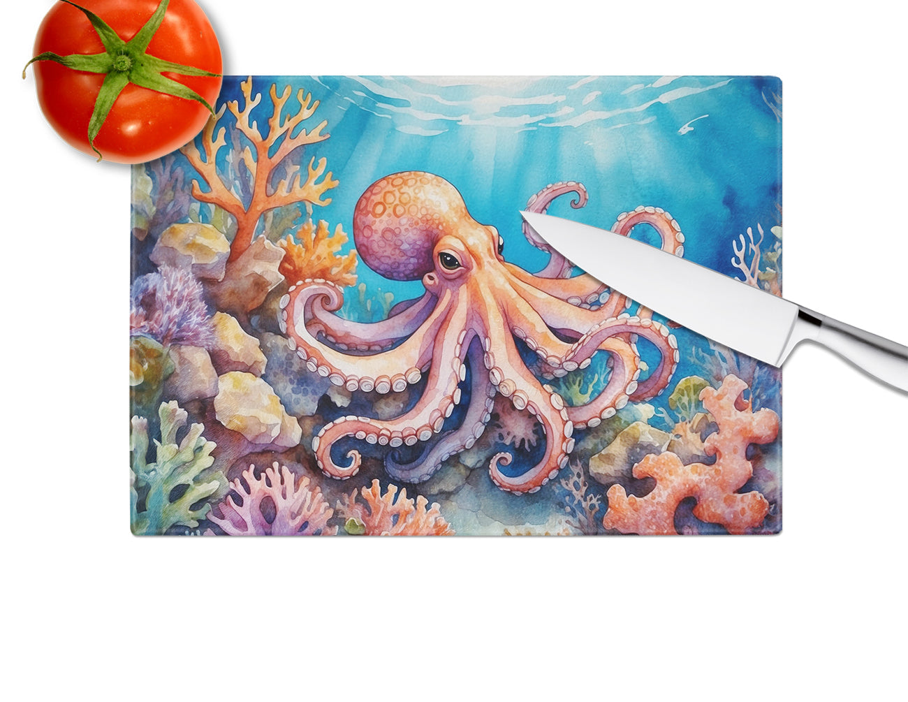 Octopus Among Coral Cutting Board Tempered Glass Kitchen Cutting Surface, Heat Resistant Chopping, Non-Slip Feet, Food Prep & Serving