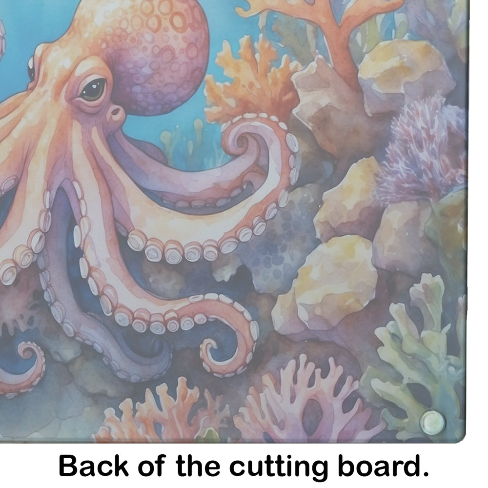Octopus Among Coral Cutting Board Tempered Glass Kitchen Cutting Surface, Heat Resistant Chopping, Non-Slip Feet, Food Prep & Serving