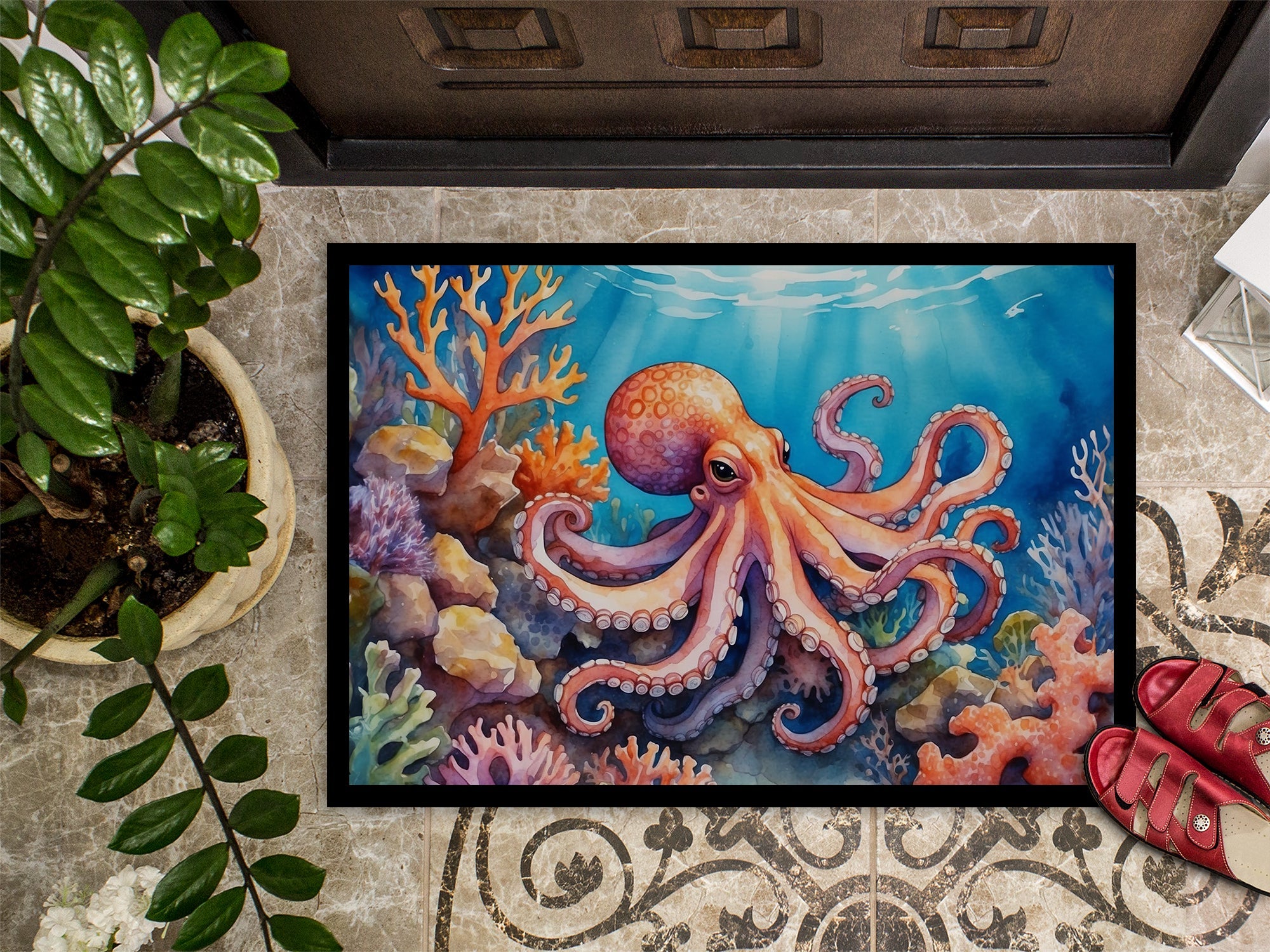 Octopus Among Coral Doormat Indoor Outdoor 18H X 27W Front Door Mat Rugs for Entryway, Non Slip Washable
