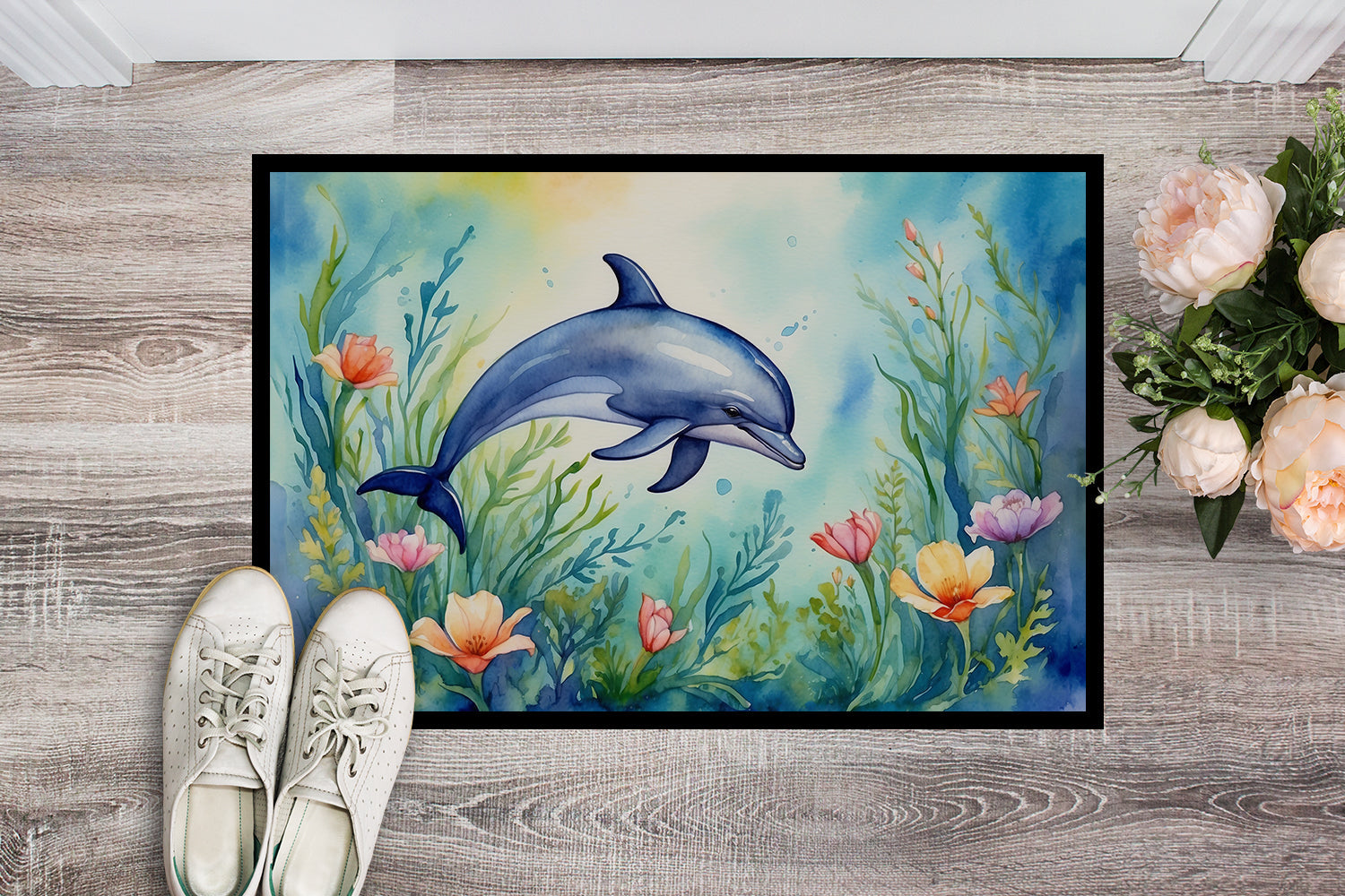 Spring Dolphin Doormat Indoor Outdoor 24H X 36W Front Door Mat Rugs for Entryway, Non Slip Washable Low Pile,