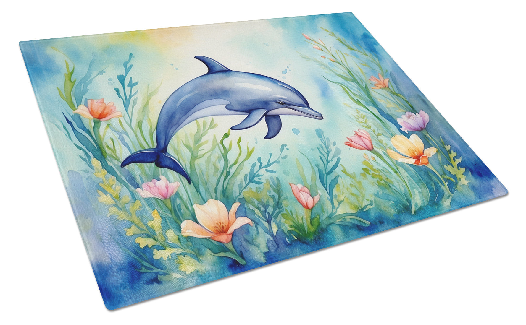 Spring Dolphin Cutting Board Tempered Glass Kitchen Cutting Surface, Heat Resistant Chopping, Non-Slip Feet, Food Prep & Serving