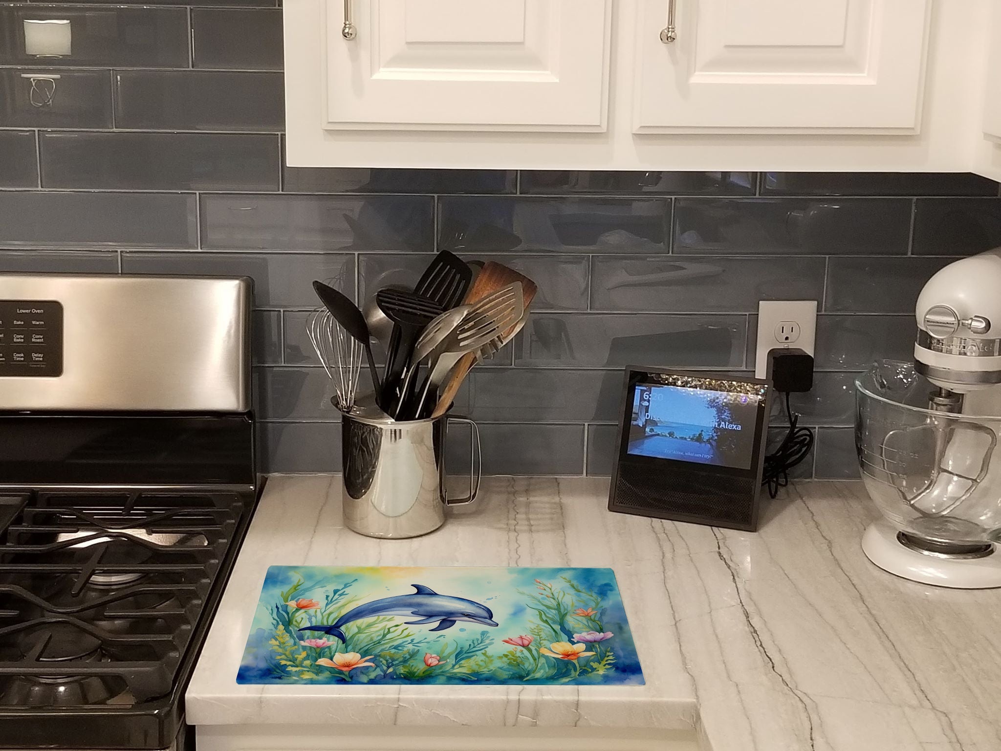 Spring Dolphin Cutting Board Tempered Glass Kitchen Cutting Surface, Heat Resistant Chopping, Non-Slip Feet, Food Prep & Serving