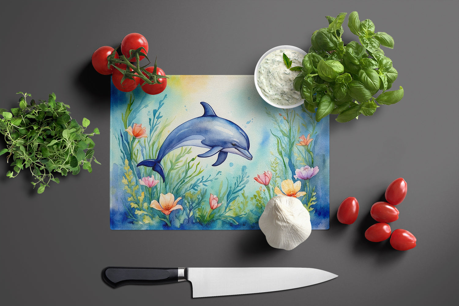 Spring Dolphin Cutting Board Tempered Glass Kitchen Cutting Surface, Heat Resistant Chopping, Non-Slip Feet, Food Prep & Serving