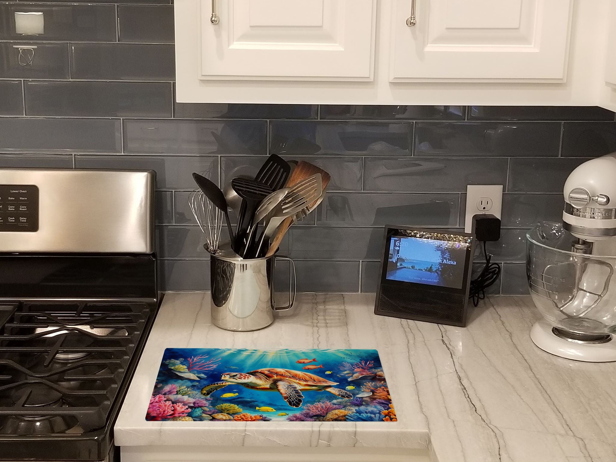 Turtle and Reefs Cutting Board Tempered Glass Kitchen Cutting Surface, Heat Resistant Chopping, Non-Slip Feet, Food Prep & Serving