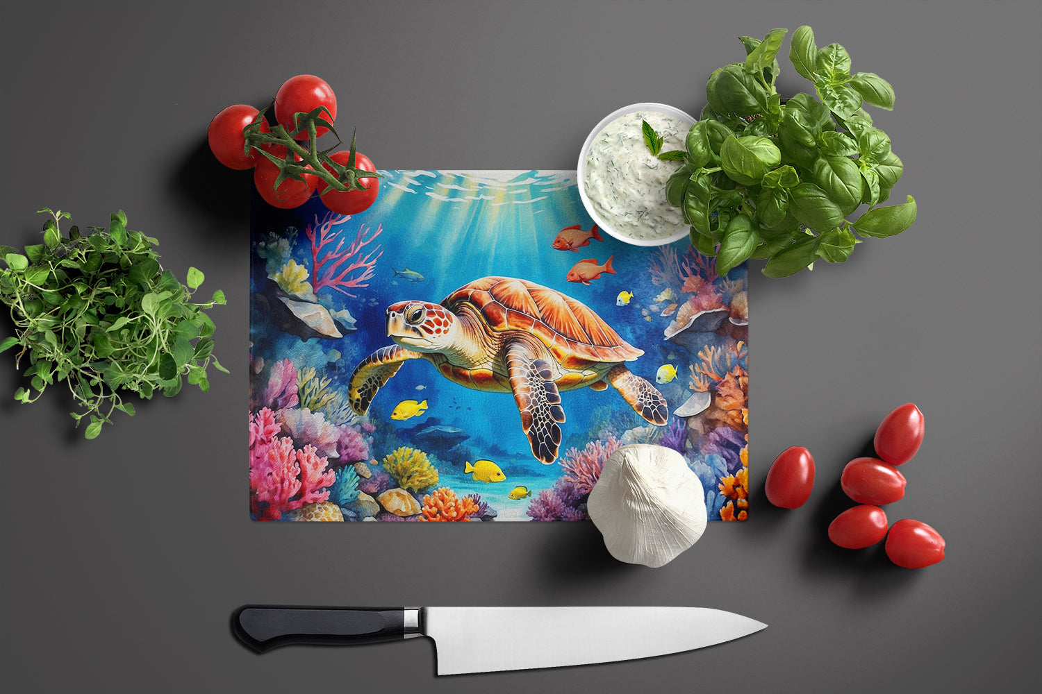 Turtle and Reefs Cutting Board Tempered Glass Kitchen Cutting Surface, Heat Resistant Chopping, Non-Slip Feet, Food Prep & Serving