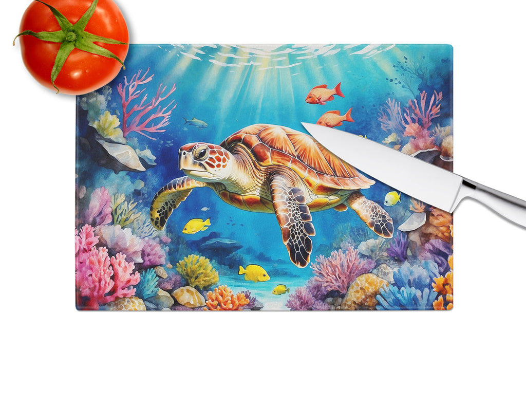 Turtle and Reefs Cutting Board Tempered Glass Kitchen Cutting Surface, Heat Resistant Chopping, Non-Slip Feet, Food Prep & Serving