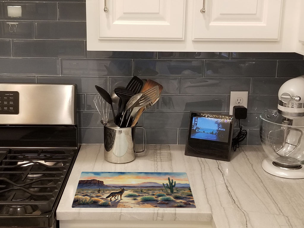 Desert Sunset Coyote Cutting Board Tempered Glass Kitchen Cutting Surface, Heat Resistant Chopping, Non-Slip Feet, Food Prep & Serving