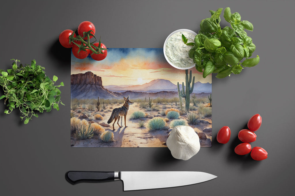 Desert Sunset Coyote Cutting Board Tempered Glass Kitchen Cutting Surface, Heat Resistant Chopping, Non-Slip Feet, Food Prep & Serving