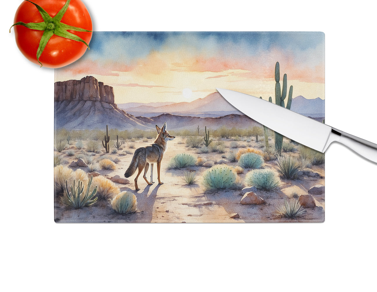 Desert Sunset Coyote Cutting Board Tempered Glass Kitchen Cutting Surface, Heat Resistant Chopping, Non-Slip Feet, Food Prep & Serving