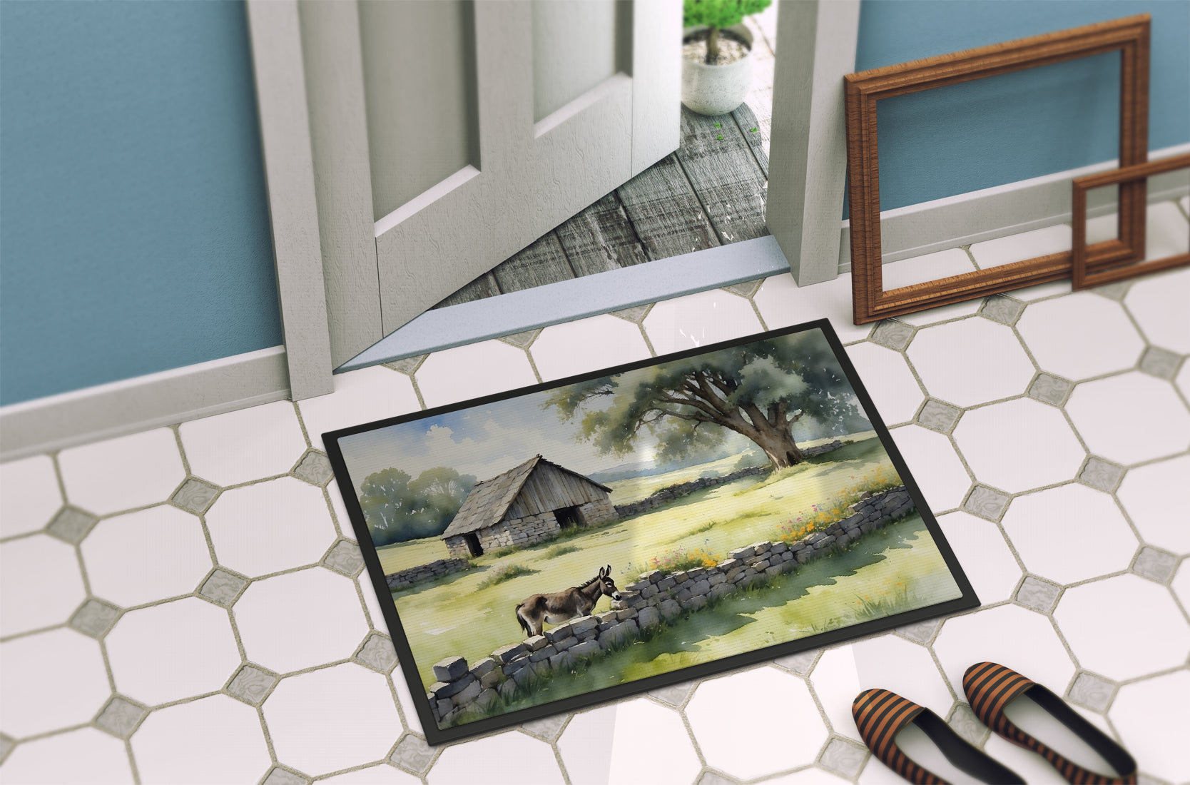 Donkey by the Stone Wall Doormat Indoor Outdoor 24H X 36W Front Door Mat Rugs for Entryway, Non Slip Washable Low Pile,
