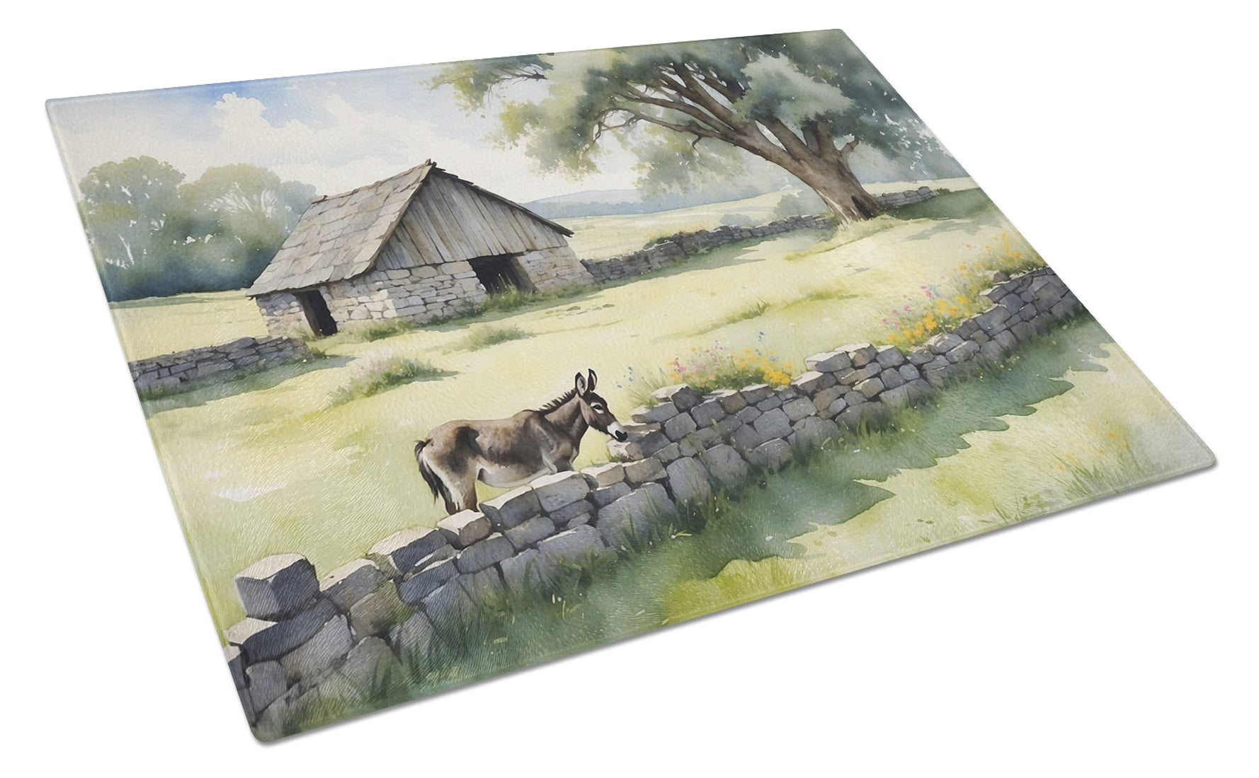 Donkey by the Stone Wall Cutting Board Tempered Glass Kitchen Cutting Surface, Heat Resistant Chopping, Non-Slip Feet, Food Prep & Serving