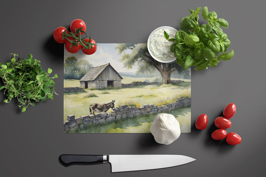 Donkey by the Stone Wall Cutting Board Tempered Glass Kitchen Cutting Surface, Heat Resistant Chopping, Non-Slip Feet, Food Prep & Serving