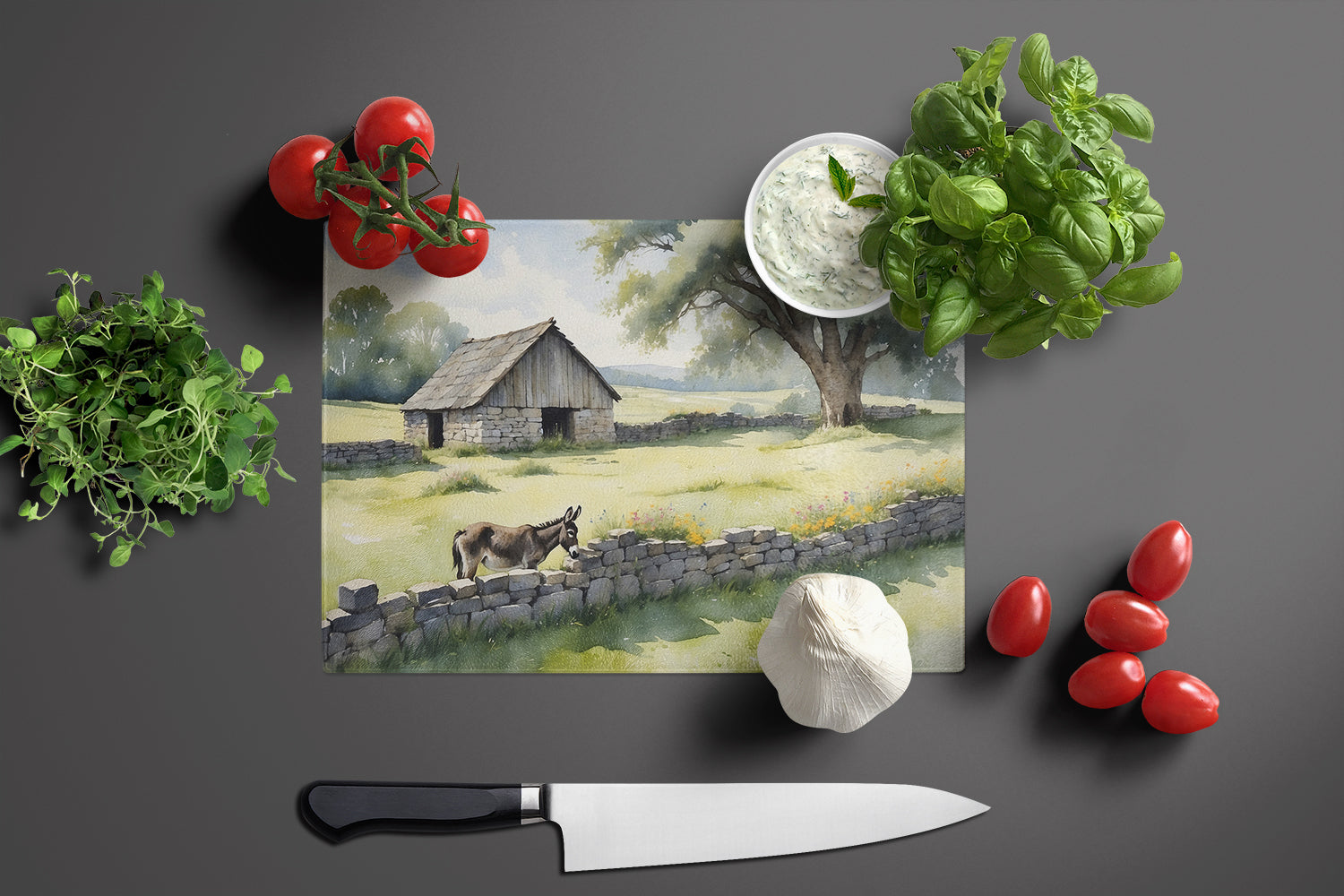 Donkey by the Stone Wall Cutting Board Tempered Glass Kitchen Cutting Surface, Heat Resistant Chopping, Non-Slip Feet, Food Prep & Serving