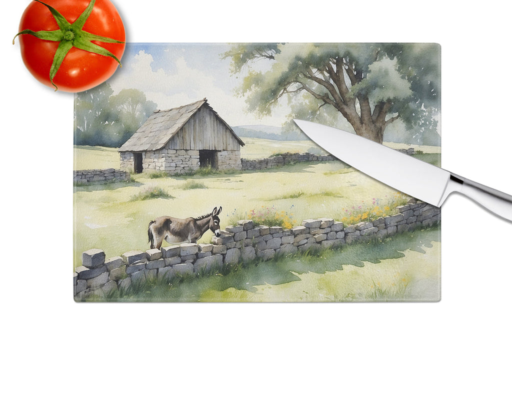 Donkey by the Stone Wall Cutting Board Tempered Glass Kitchen Cutting Surface, Heat Resistant Chopping, Non-Slip Feet, Food Prep & Serving