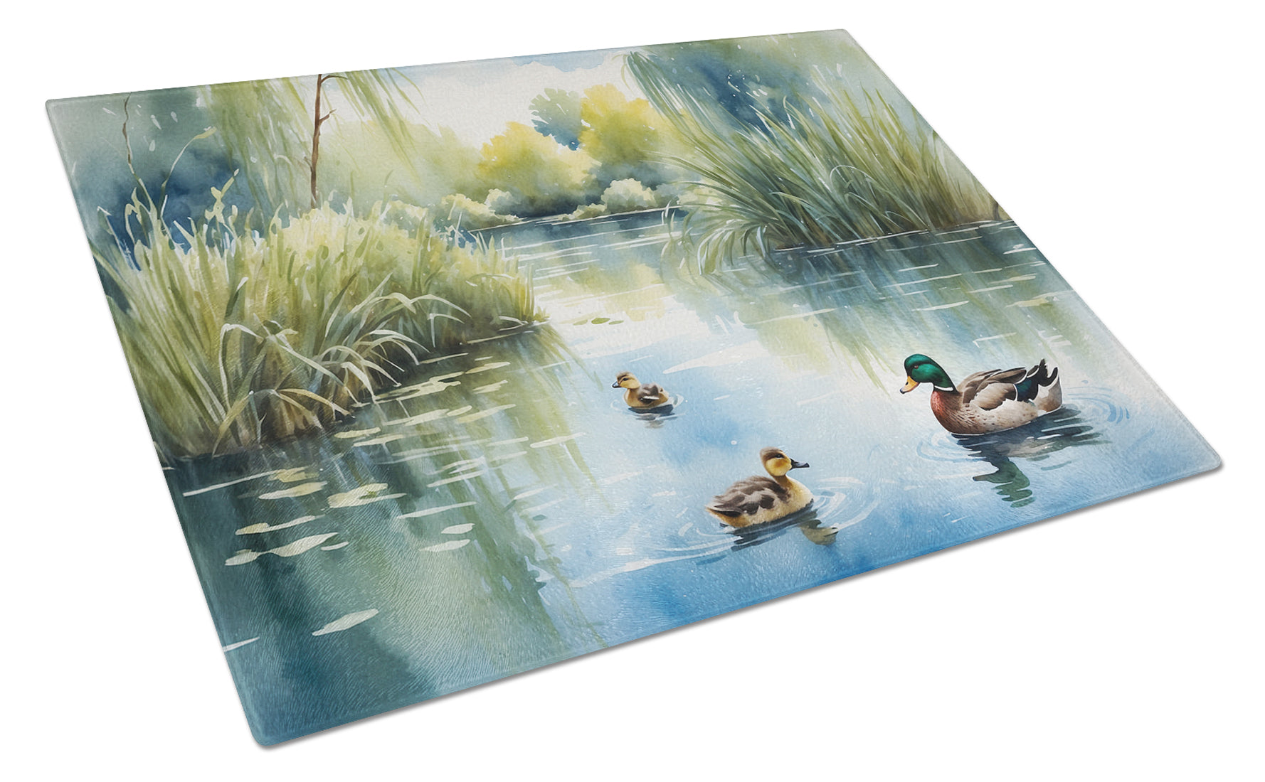Ducks by the Pond Cutting Board Tempered Glass Kitchen Cutting Surface, Heat Resistant Chopping, Non-Slip Feet, Food Prep & Serving