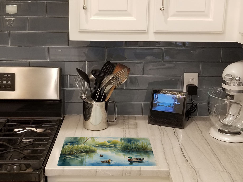 Ducks by the Pond Cutting Board Tempered Glass Kitchen Cutting Surface, Heat Resistant Chopping, Non-Slip Feet, Food Prep & Serving