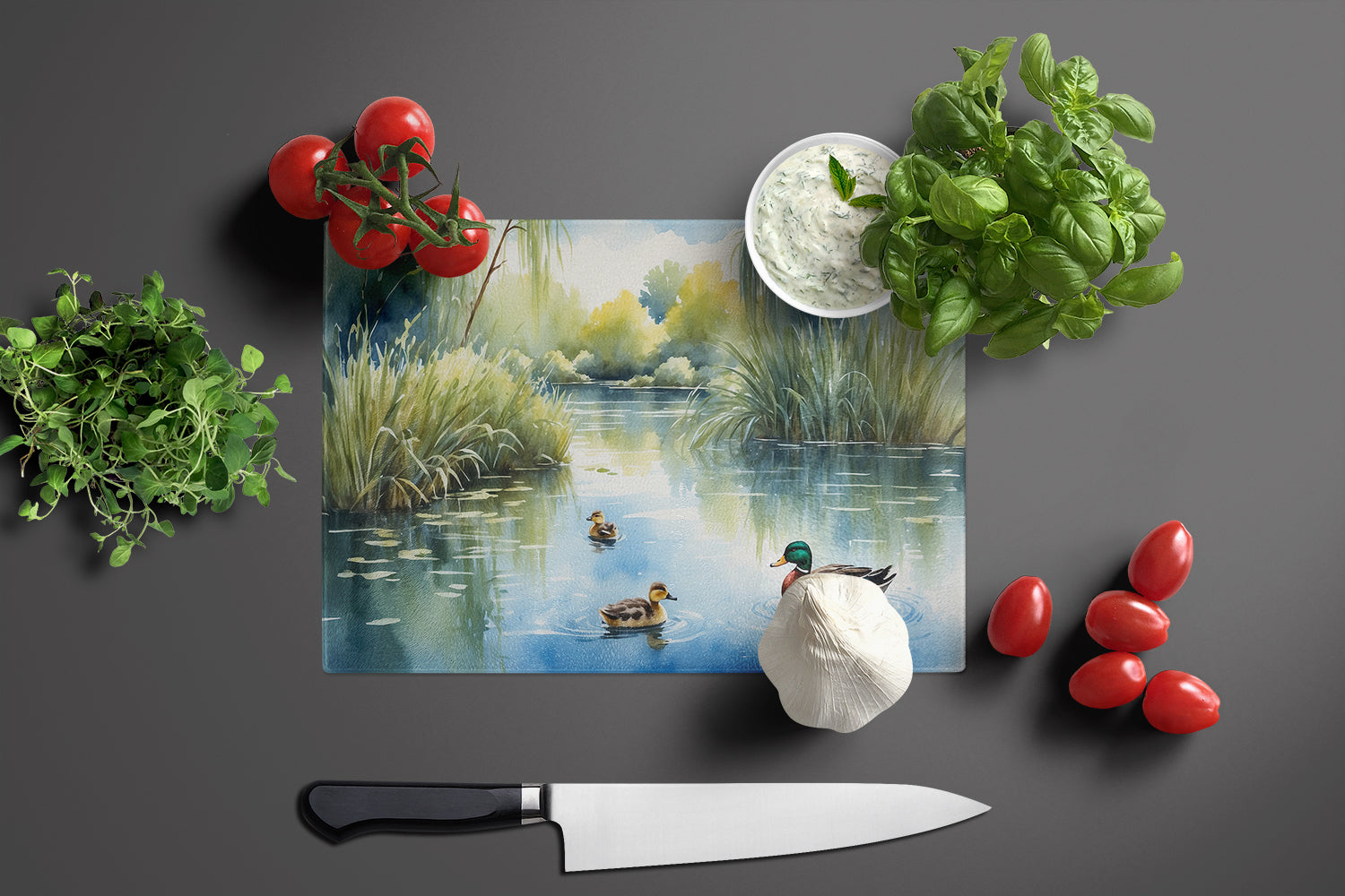 Ducks by the Pond Cutting Board Tempered Glass Kitchen Cutting Surface, Heat Resistant Chopping, Non-Slip Feet, Food Prep & Serving