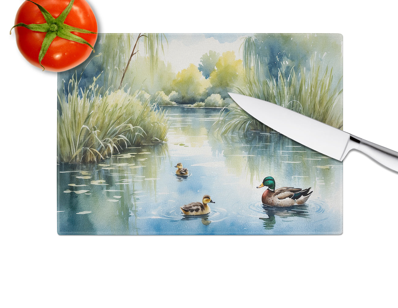 Ducks by the Pond Cutting Board Tempered Glass Kitchen Cutting Surface, Heat Resistant Chopping, Non-Slip Feet, Food Prep & Serving