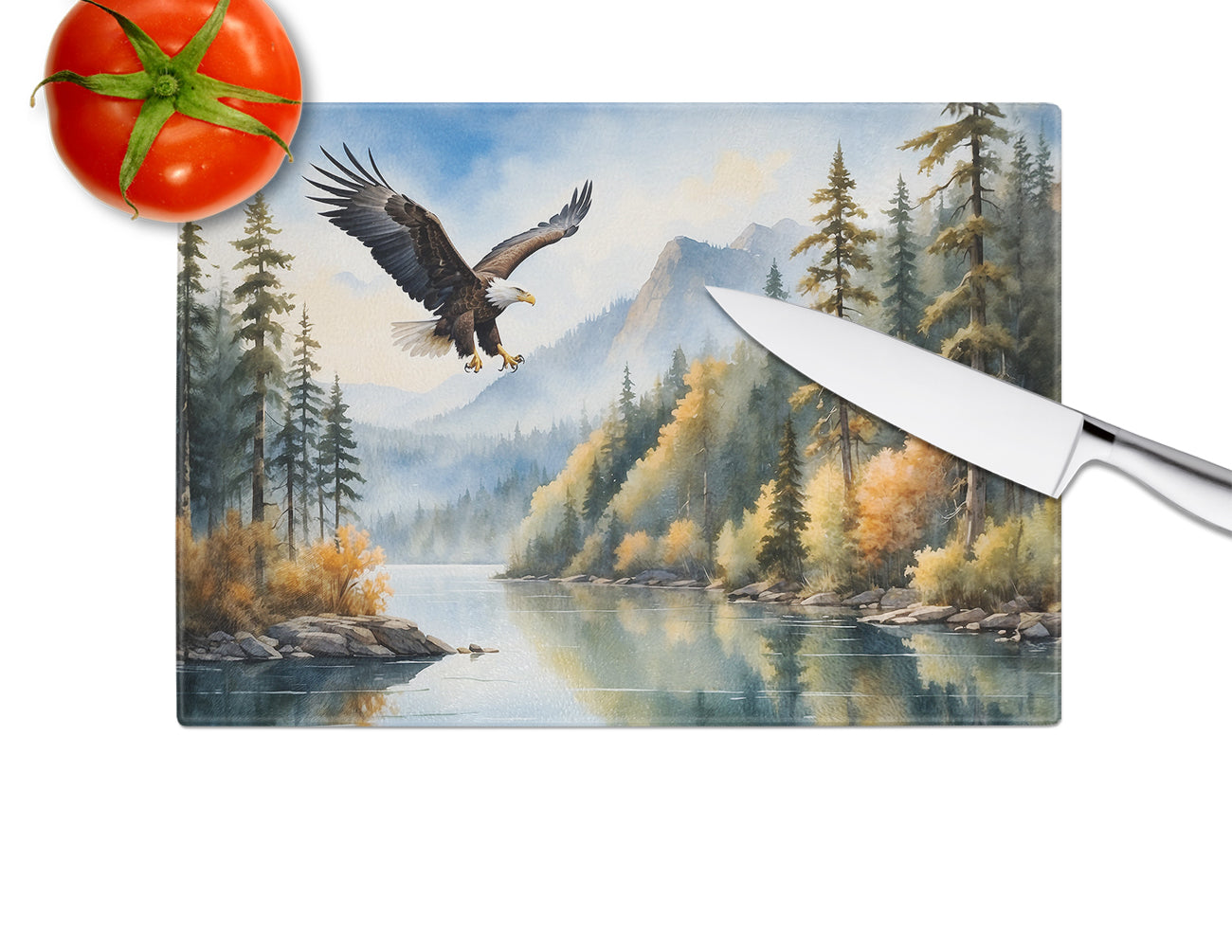 Eagle in Flight Cutting Board Tempered Glass Kitchen Cutting Surface, Heat Resistant Chopping, Non-Slip Feet, Food Prep & Serving
