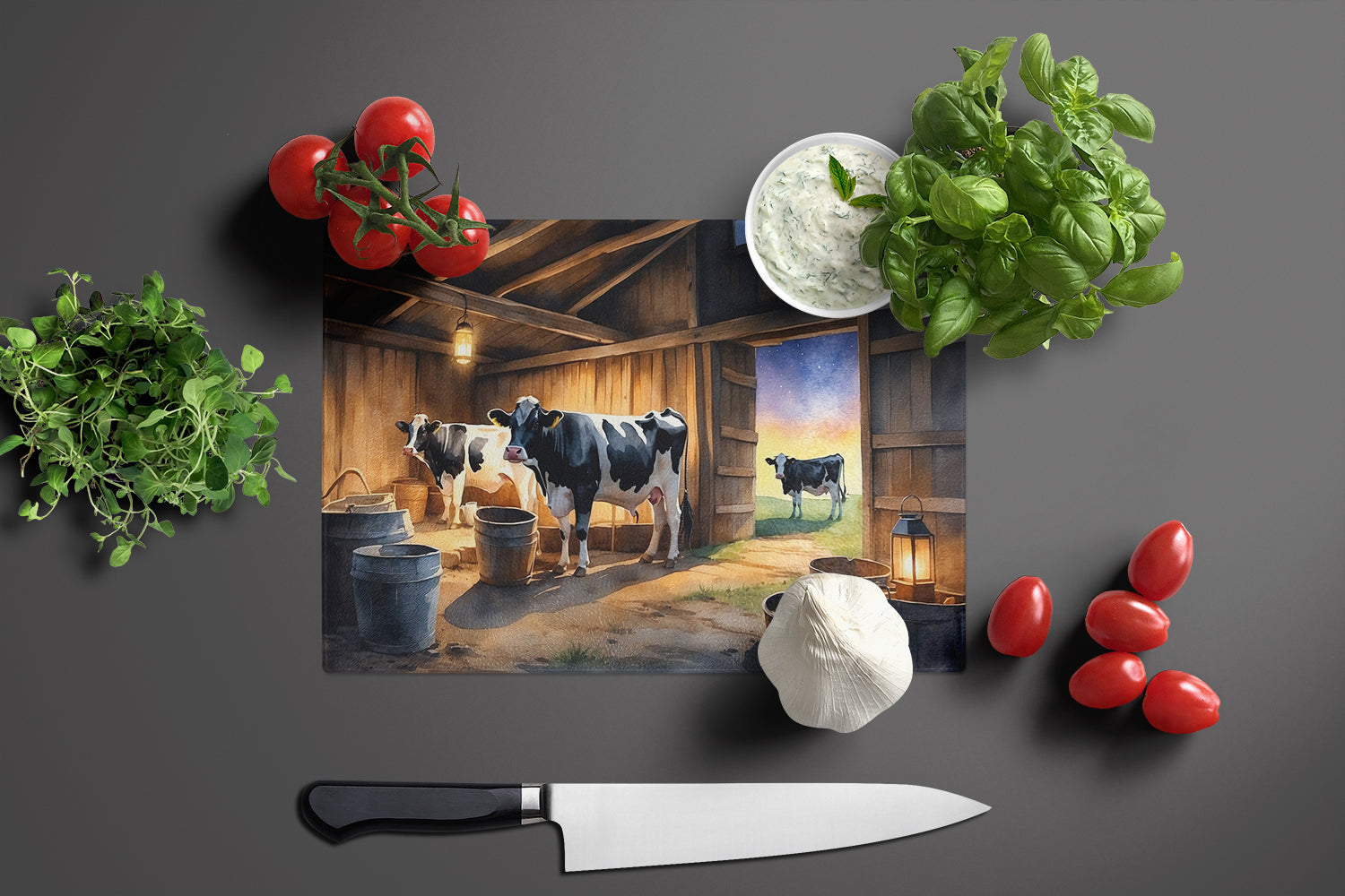 Cows Evening Milking Time Cutting Board Tempered Glass Kitchen Cutting Surface, Heat Resistant Chopping, Non-Slip Feet, Food Prep & Serving