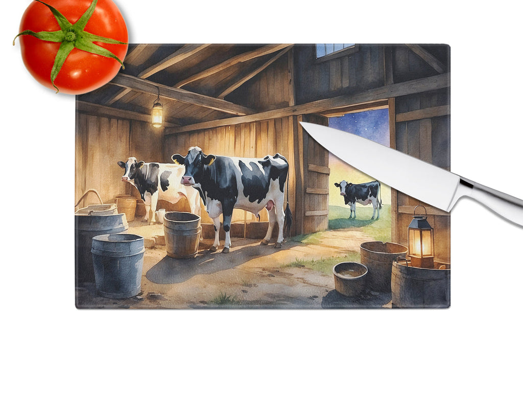 Cows Evening Milking Time Cutting Board Tempered Glass Kitchen Cutting Surface, Heat Resistant Chopping, Non-Slip Feet, Food Prep & Serving