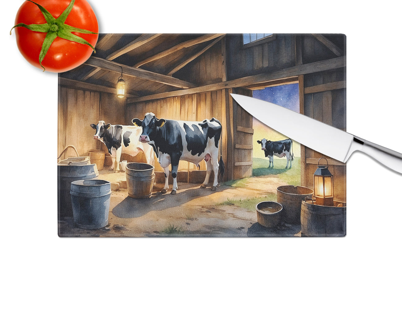 Cows Evening Milking Time Cutting Board Tempered Glass Kitchen Cutting Surface, Heat Resistant Chopping, Non-Slip Feet, Food Prep & Serving