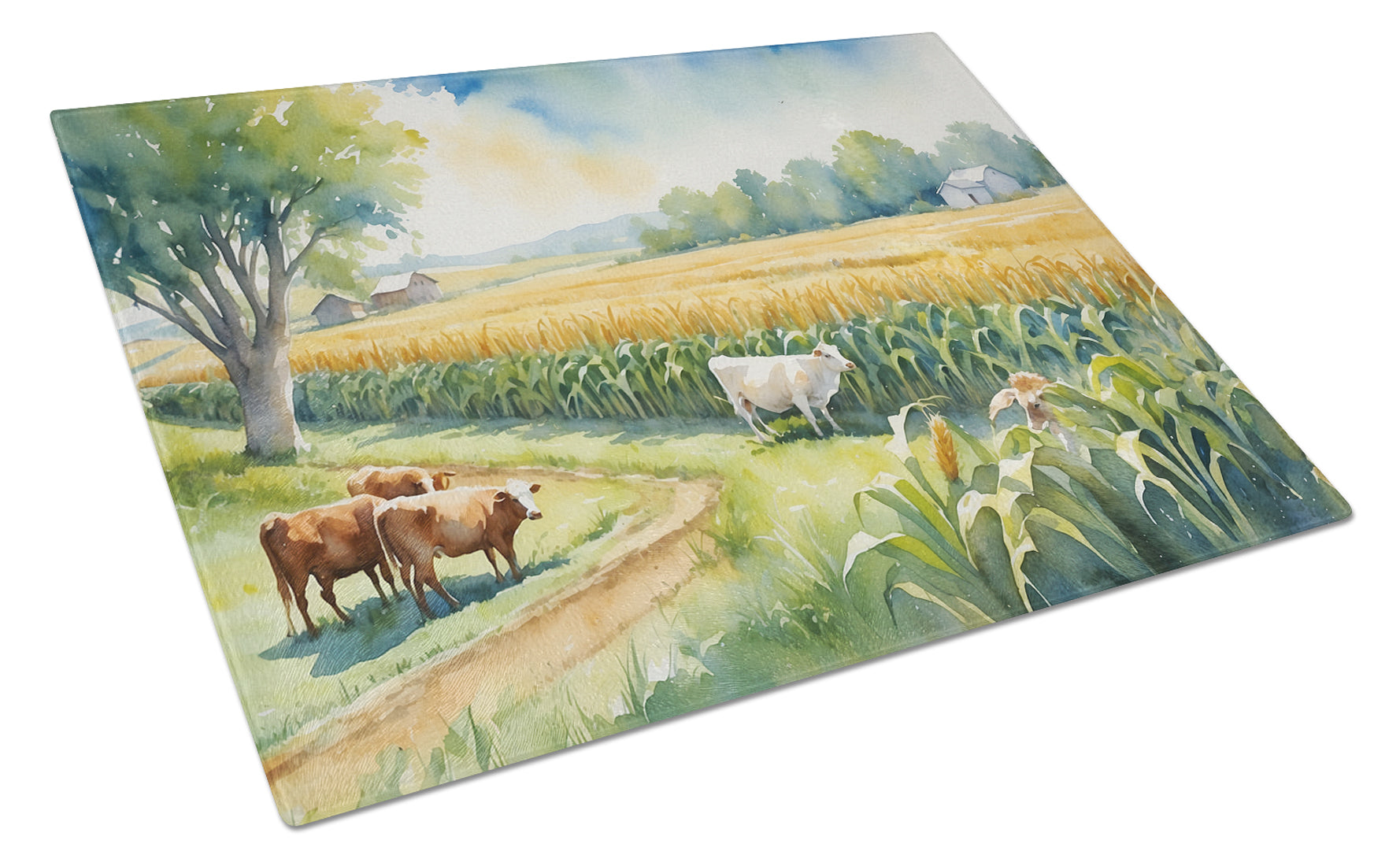 Cows by the Cornfield Cutting Board Tempered Glass Kitchen Cutting Surface, Heat Resistant Chopping, Non-Slip Feet, Food Prep & Serving