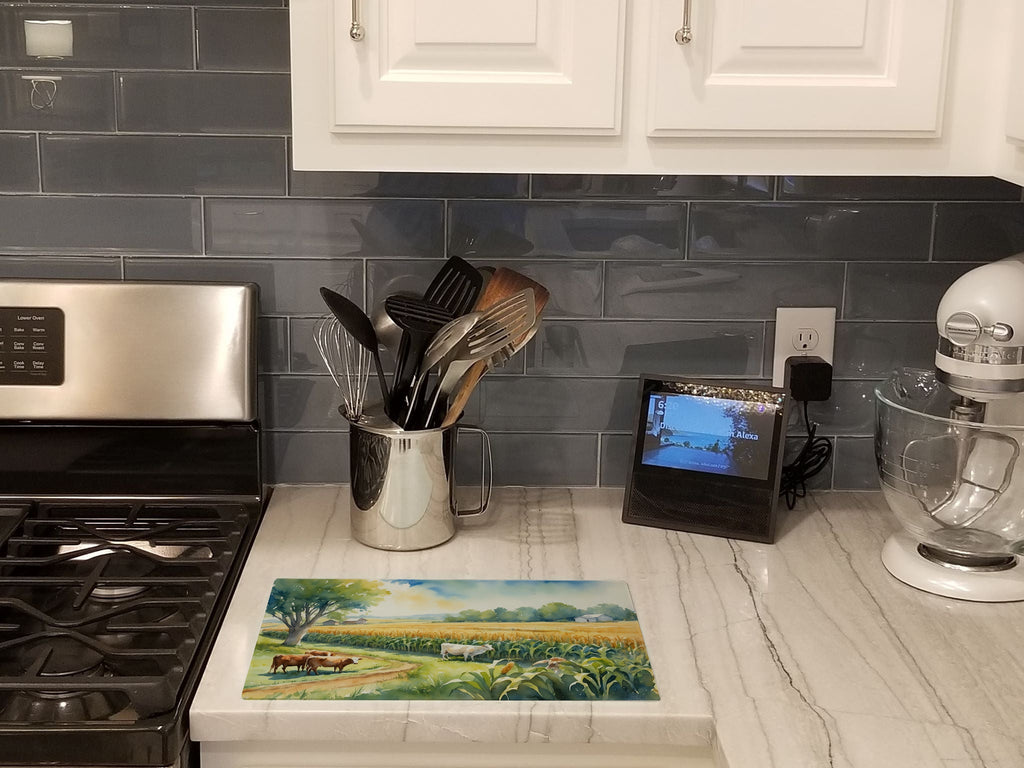 Cows by the Cornfield Cutting Board Tempered Glass Kitchen Cutting Surface, Heat Resistant Chopping, Non-Slip Feet, Food Prep & Serving