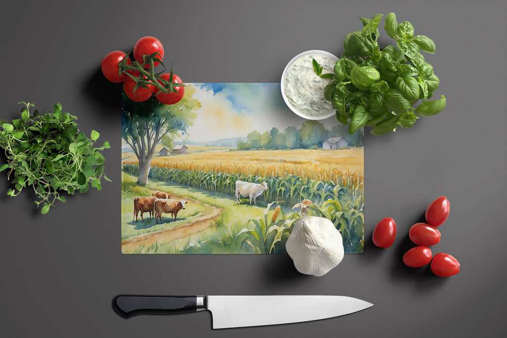 Cows by the Cornfield Cutting Board Tempered Glass Kitchen Cutting Surface, Heat Resistant Chopping, Non-Slip Feet, Food Prep & Serving