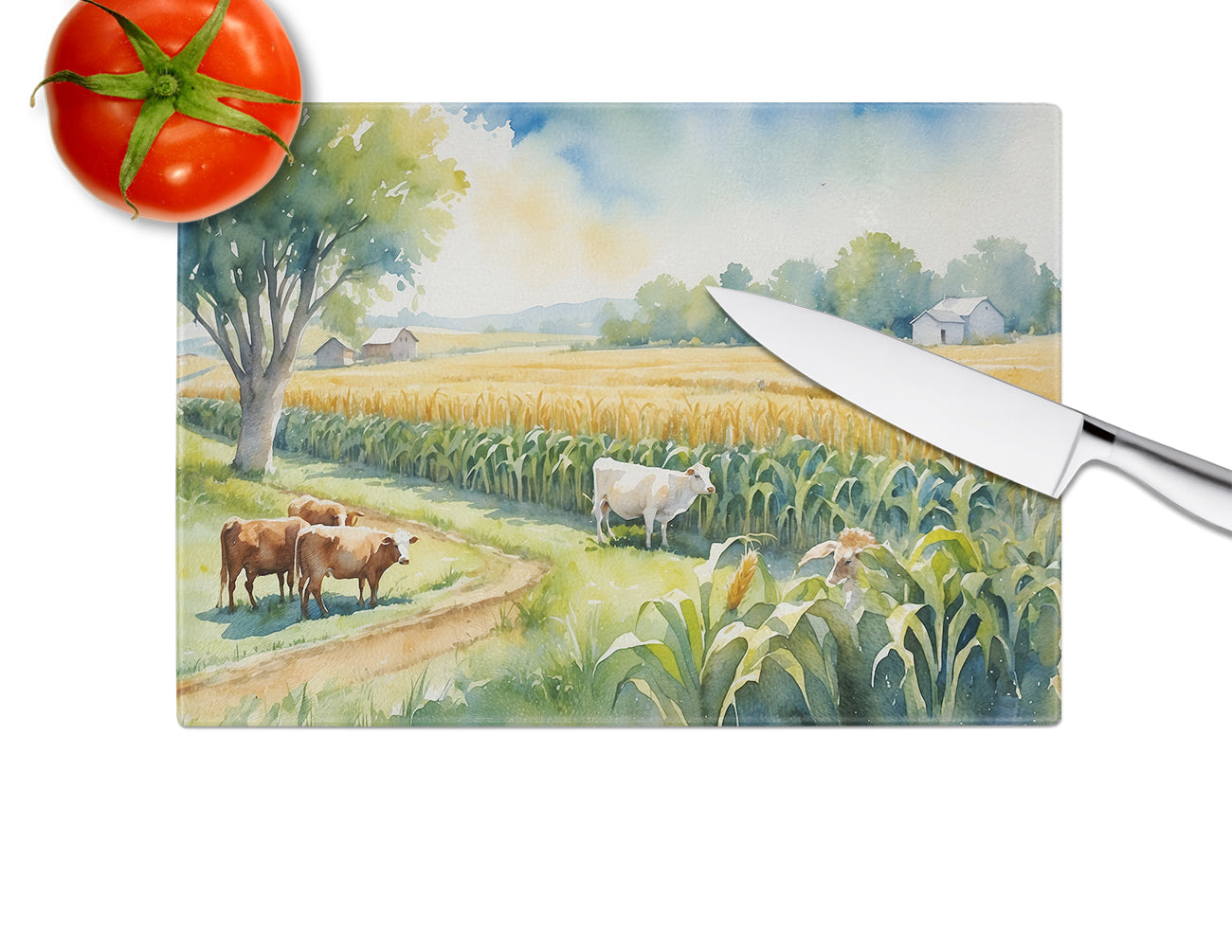 Cows by the Cornfield Cutting Board Tempered Glass Kitchen Cutting Surface, Heat Resistant Chopping, Non-Slip Feet, Food Prep & Serving