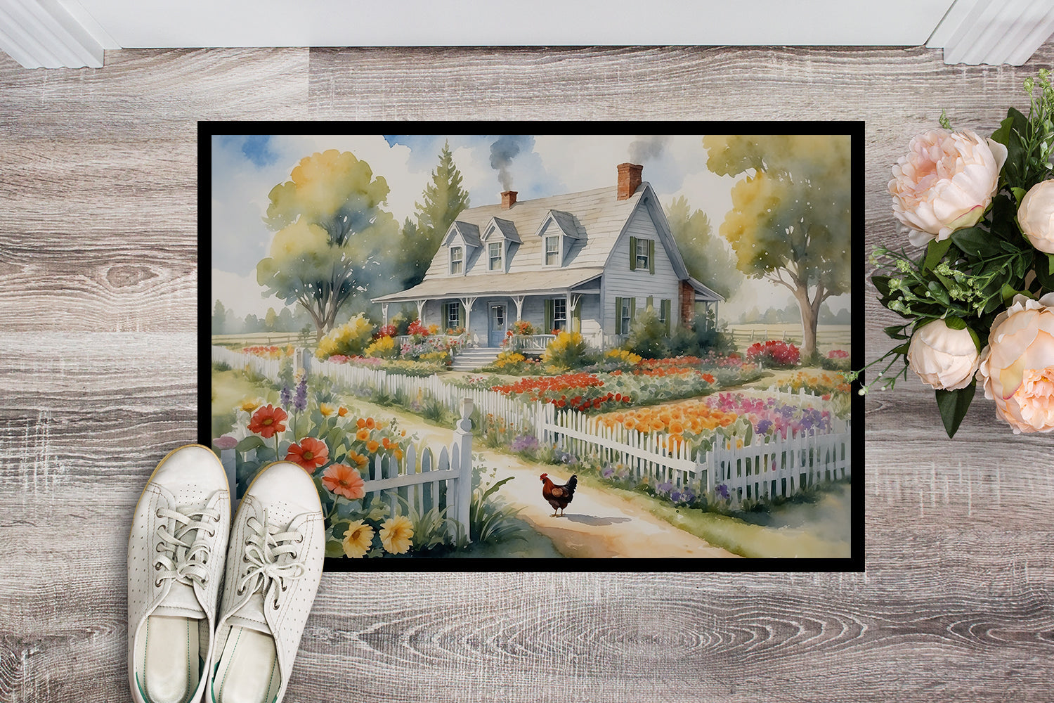 Chicken Farmhouse Garden Doormat Indoor Outdoor 24H X 36W Front Door Mat Rugs for Entryway, Non Slip Washable Low Pile,