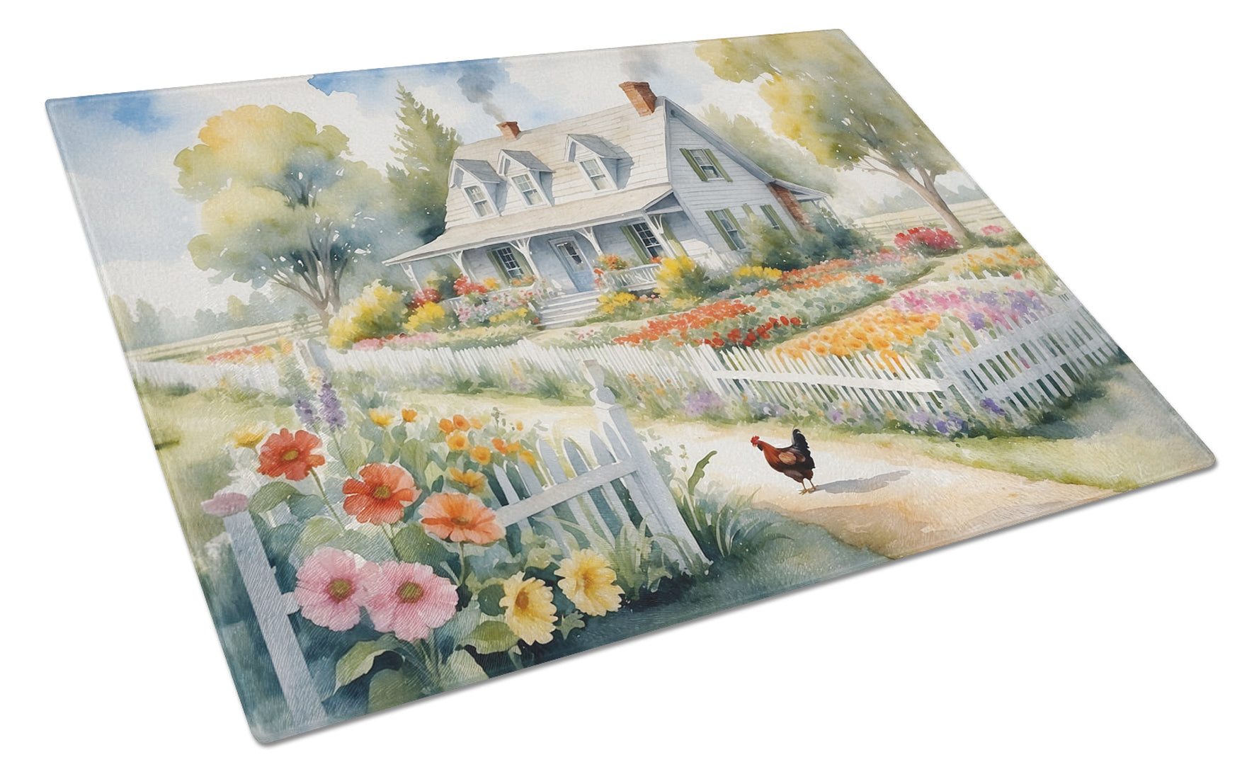 Chicken Farmhouse Garden Cutting Board Tempered Glass Kitchen Cutting Surface, Heat Resistant Chopping, Non-Slip Feet, Food Prep & Serving