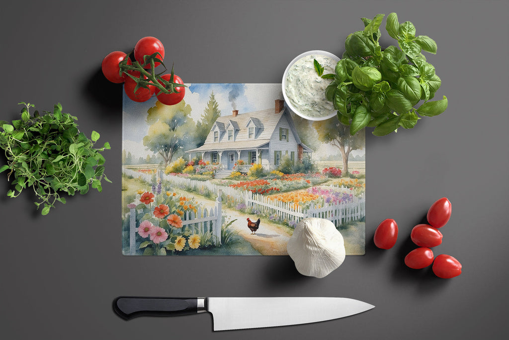 Chicken Farmhouse Garden Cutting Board Tempered Glass Kitchen Cutting Surface, Heat Resistant Chopping, Non-Slip Feet, Food Prep & Serving