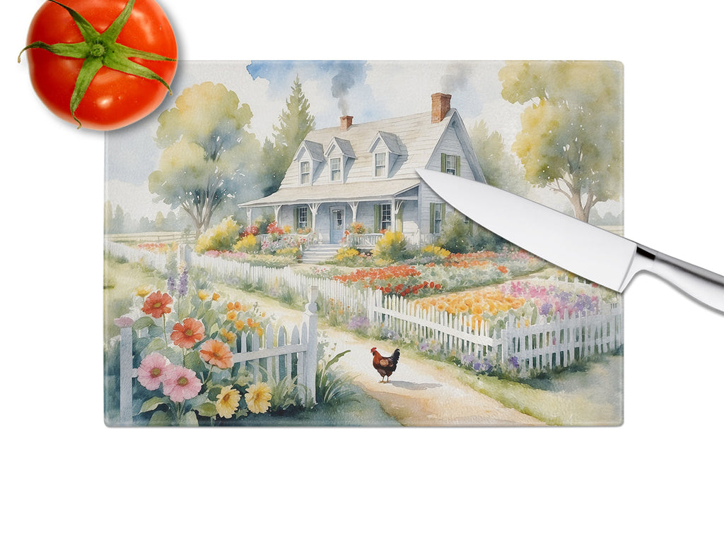 Chicken Farmhouse Garden Cutting Board Tempered Glass Kitchen Cutting Surface, Heat Resistant Chopping, Non-Slip Feet, Food Prep & Serving
