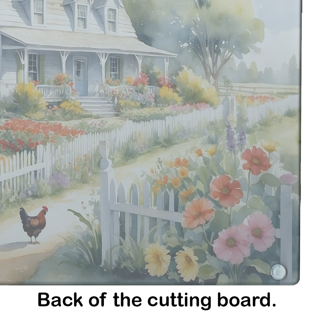 Chicken Farmhouse Garden Cutting Board Tempered Glass Kitchen Cutting Surface, Heat Resistant Chopping, Non-Slip Feet, Food Prep & Serving