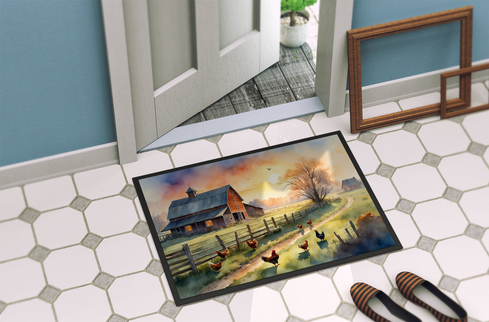 Chicken Farmyard Sunrise Doormat Indoor Outdoor 24H X 36W Front Door Mat Rugs for Entryway, Non Slip Washable Low Pile,