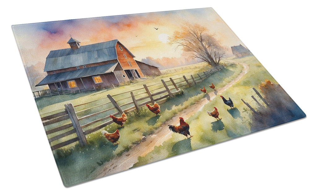 Chicken Farmyard Sunrise Cutting Board Tempered Glass Kitchen Cutting Surface, Heat Resistant Chopping, Non-Slip Feet, Food Prep & Serving