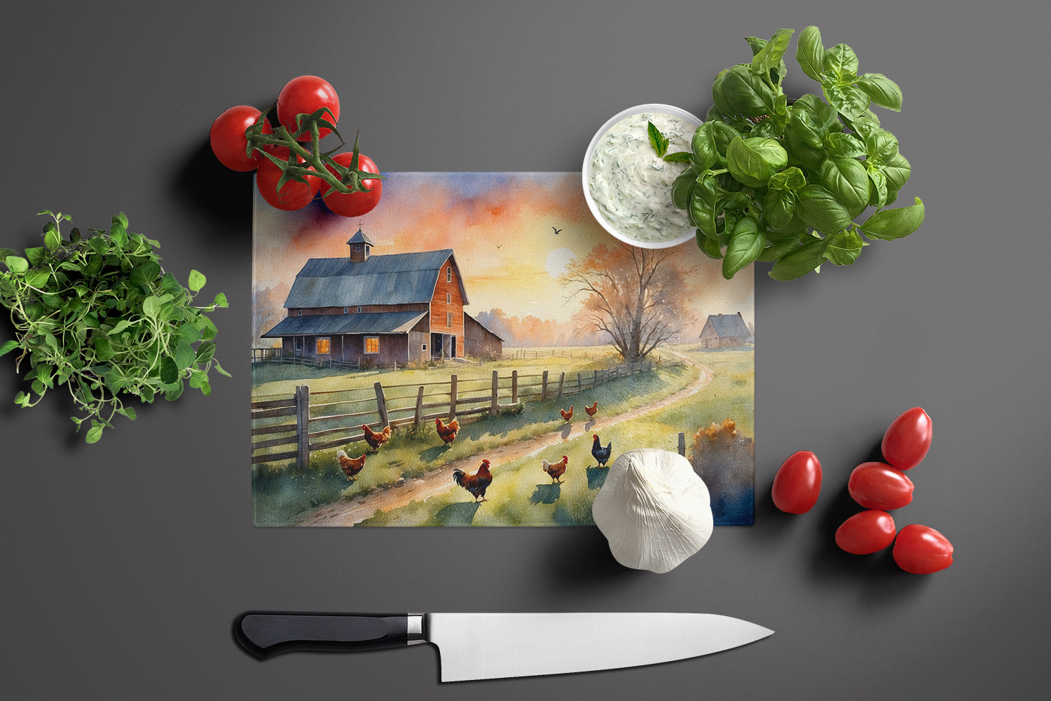 Chicken Farmyard Sunrise Cutting Board Tempered Glass Kitchen Cutting Surface, Heat Resistant Chopping, Non-Slip Feet, Food Prep & Serving