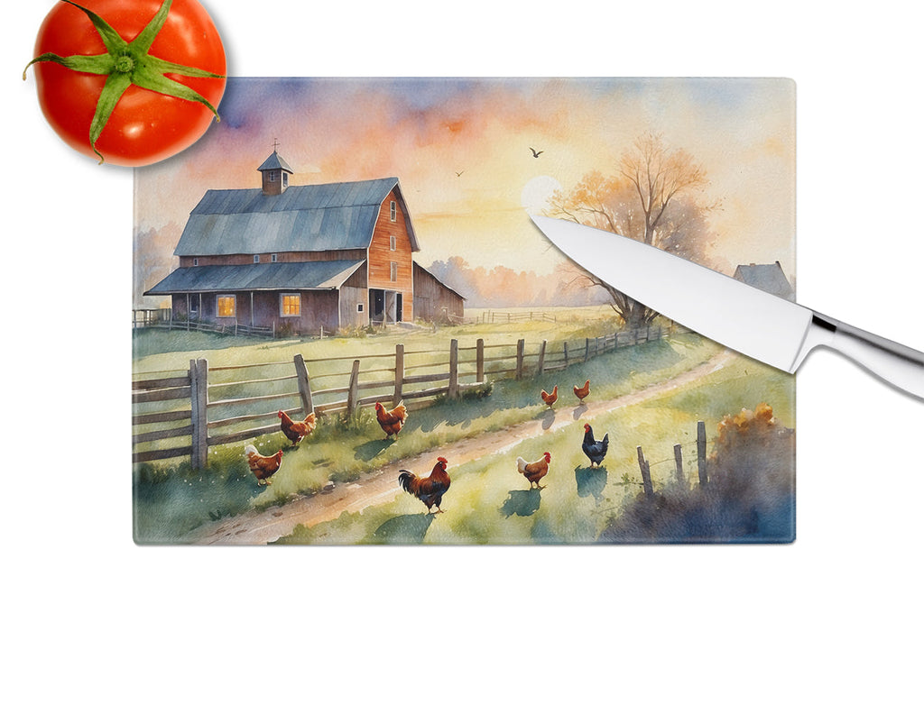 Chicken Farmyard Sunrise Cutting Board Tempered Glass Kitchen Cutting Surface, Heat Resistant Chopping, Non-Slip Feet, Food Prep & Serving