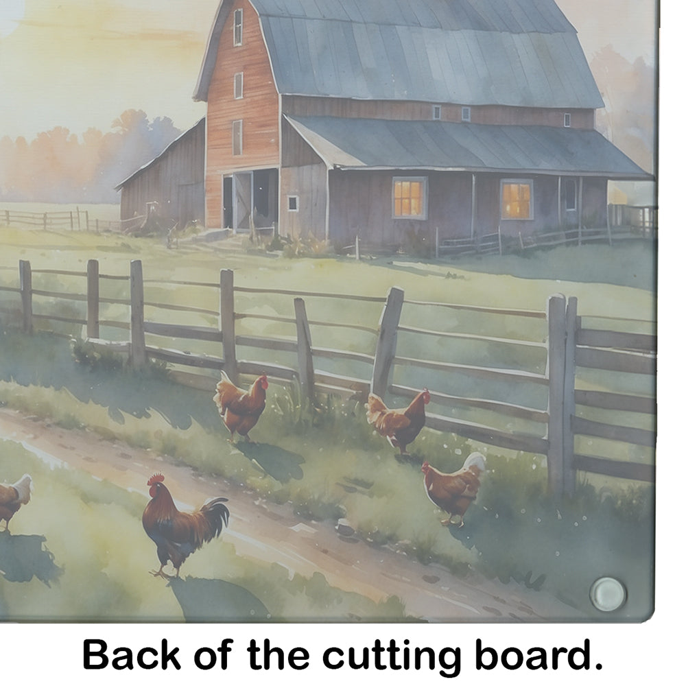 Chicken Farmyard Sunrise Cutting Board Tempered Glass Kitchen Cutting Surface, Heat Resistant Chopping, Non-Slip Feet, Food Prep & Serving