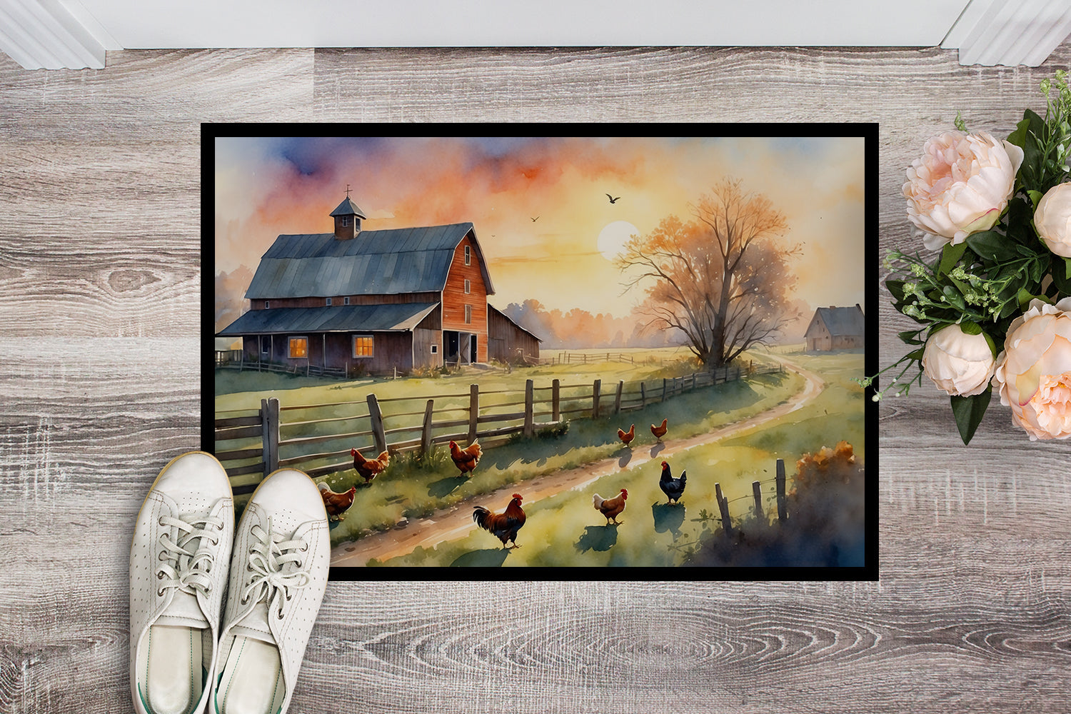 Chicken Farmyard Sunrise Doormat Indoor Outdoor 18H X 27W Front Door Mat Rugs for Entryway, Non Slip Washable