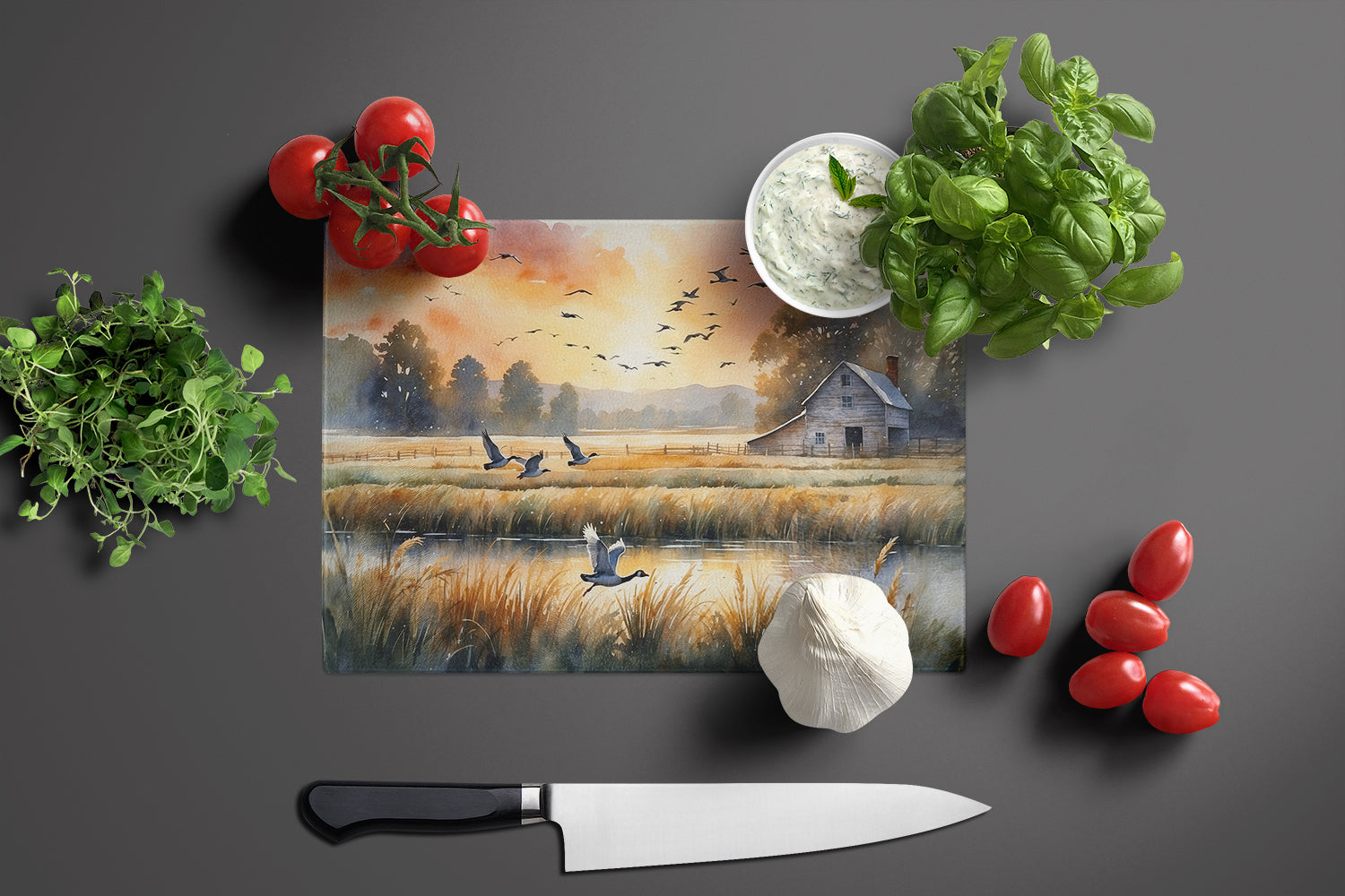 Geese in Flight Cutting Board Tempered Glass Kitchen Cutting Surface, Heat Resistant Chopping, Non-Slip Feet, Food Prep & Serving