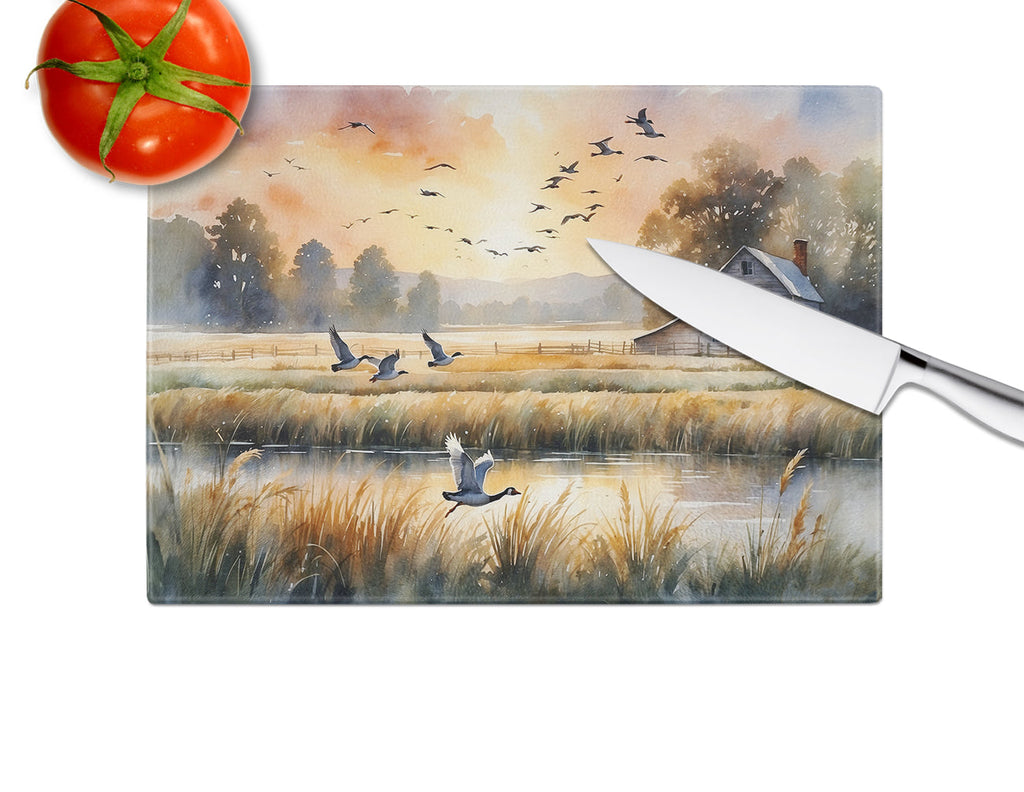 Geese in Flight Cutting Board Tempered Glass Kitchen Cutting Surface, Heat Resistant Chopping, Non-Slip Feet, Food Prep & Serving