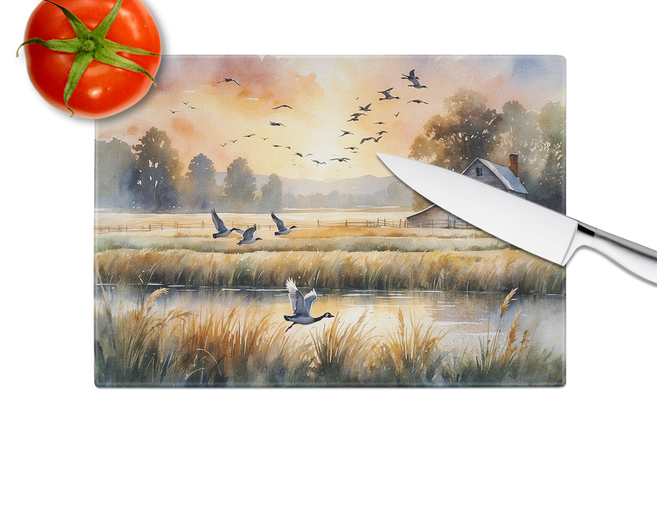 Geese in Flight Cutting Board Tempered Glass Kitchen Cutting Surface, Heat Resistant Chopping, Non-Slip Feet, Food Prep & Serving