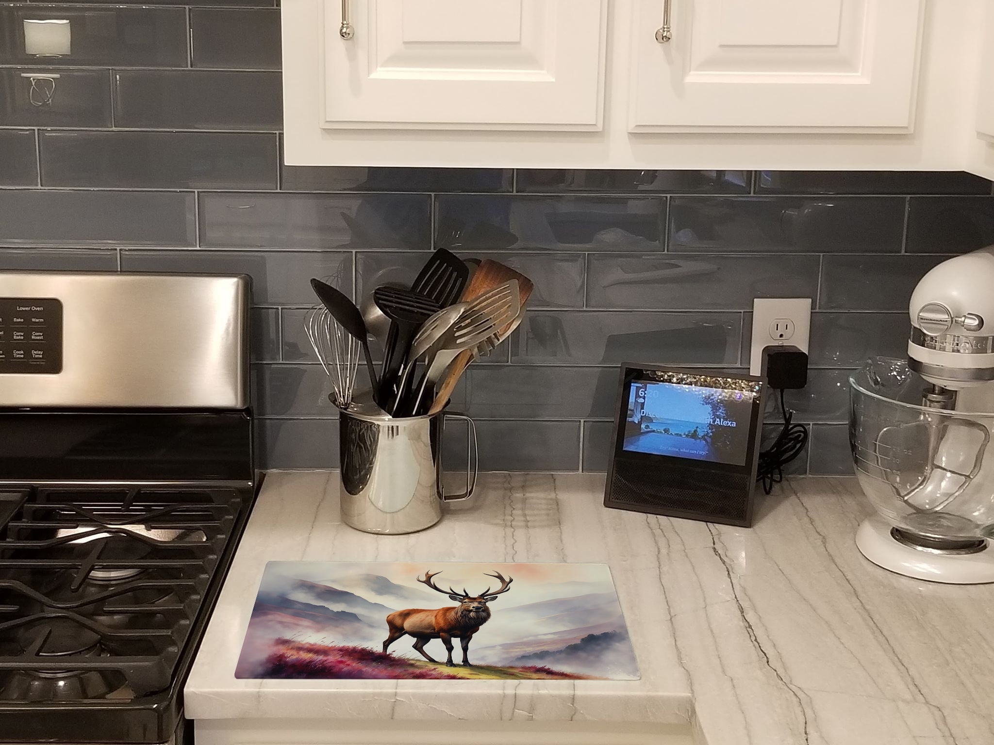 Highland Red Deer Cutting Board Tempered Glass Kitchen Cutting Surface, Heat Resistant Chopping, Non-Slip Feet, Food Prep & Serving