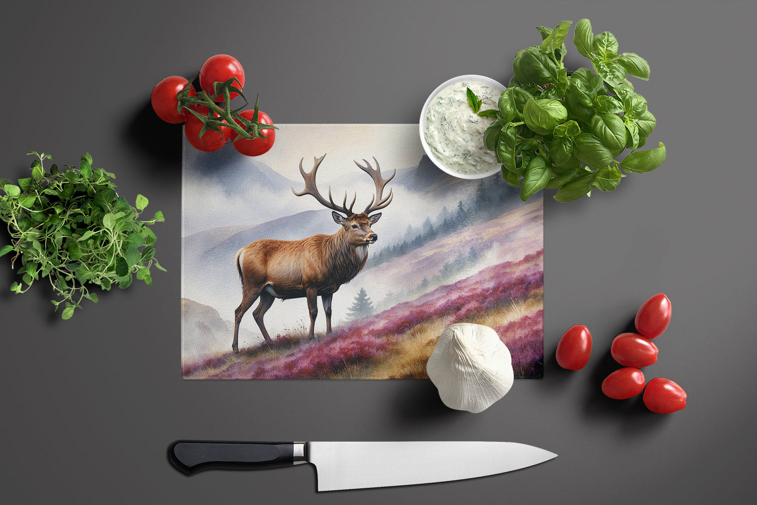 Highland Red Deer Cutting Board Tempered Glass Kitchen Cutting Surface, Heat Resistant Chopping, Non-Slip Feet, Food Prep & Serving