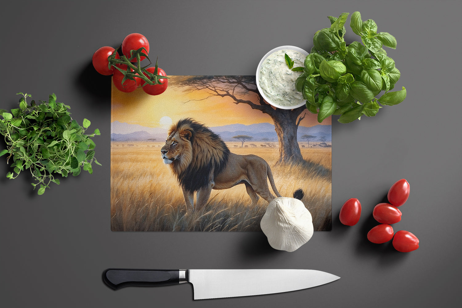 Lions at Dawn Cutting Board Tempered Glass Kitchen Cutting Surface, Heat Resistant Chopping, Non-Slip Feet, Food Prep & Serving