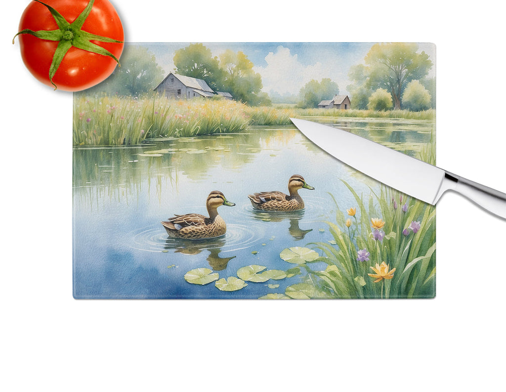 Mother Duck Cutting Board Tempered Glass Kitchen Cutting Surface, Heat Resistant Chopping, Non-Slip Feet, Food Prep & Serving